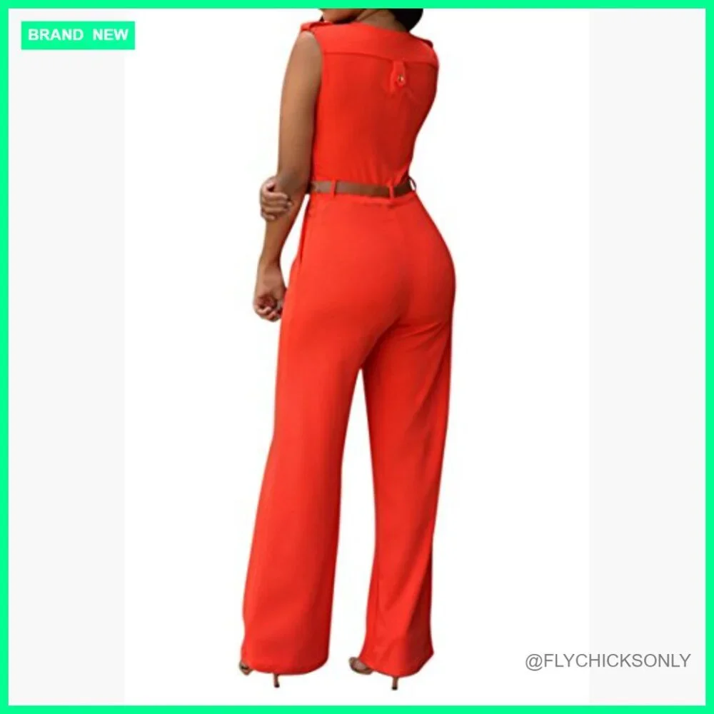 Polyester and Spandex Jumpsuit with V-Neck and Wide Leg Pants